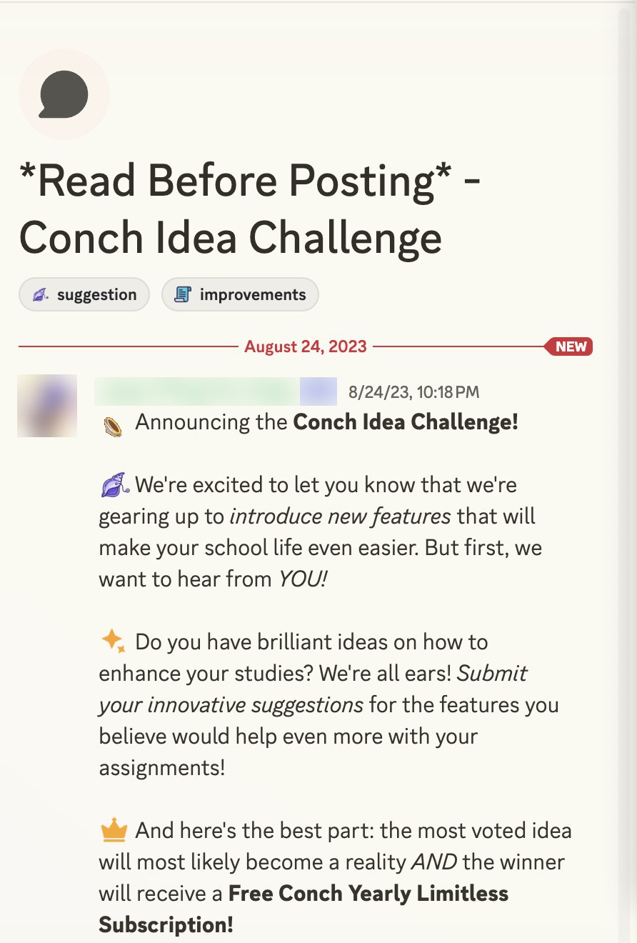 Conch Idea Challenge announcement — most voted idea gets built, winner gets a free yearly subscription