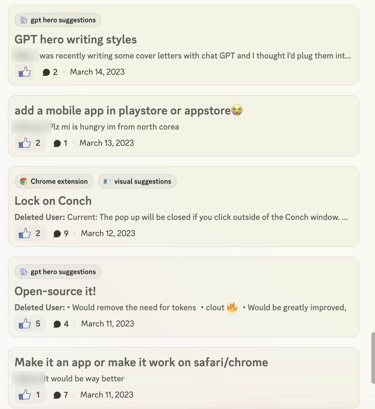 Feature-requests forum — voted, tagged community posts from March 2023