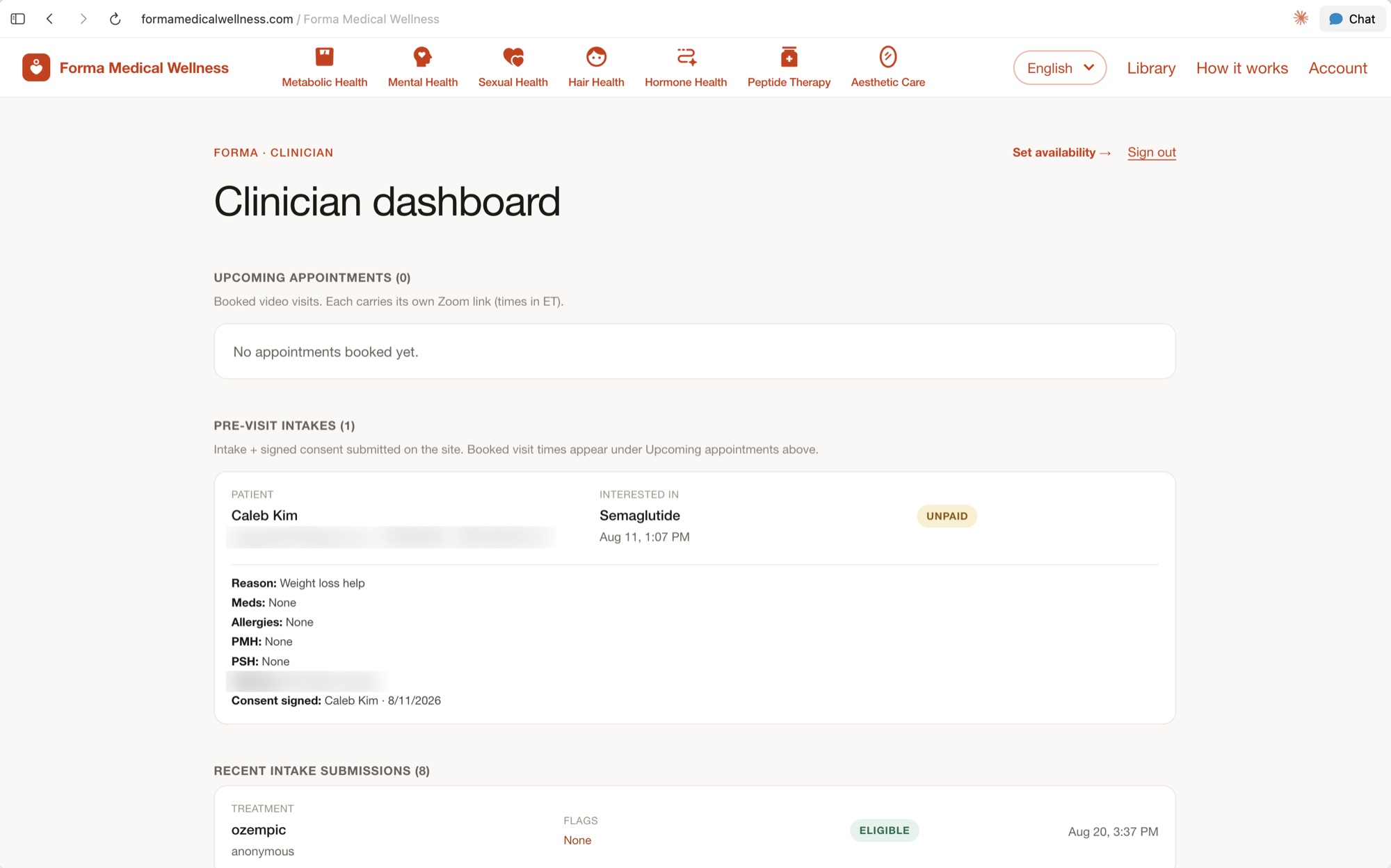 Clinician dashboard — appointments, intakes, consents
