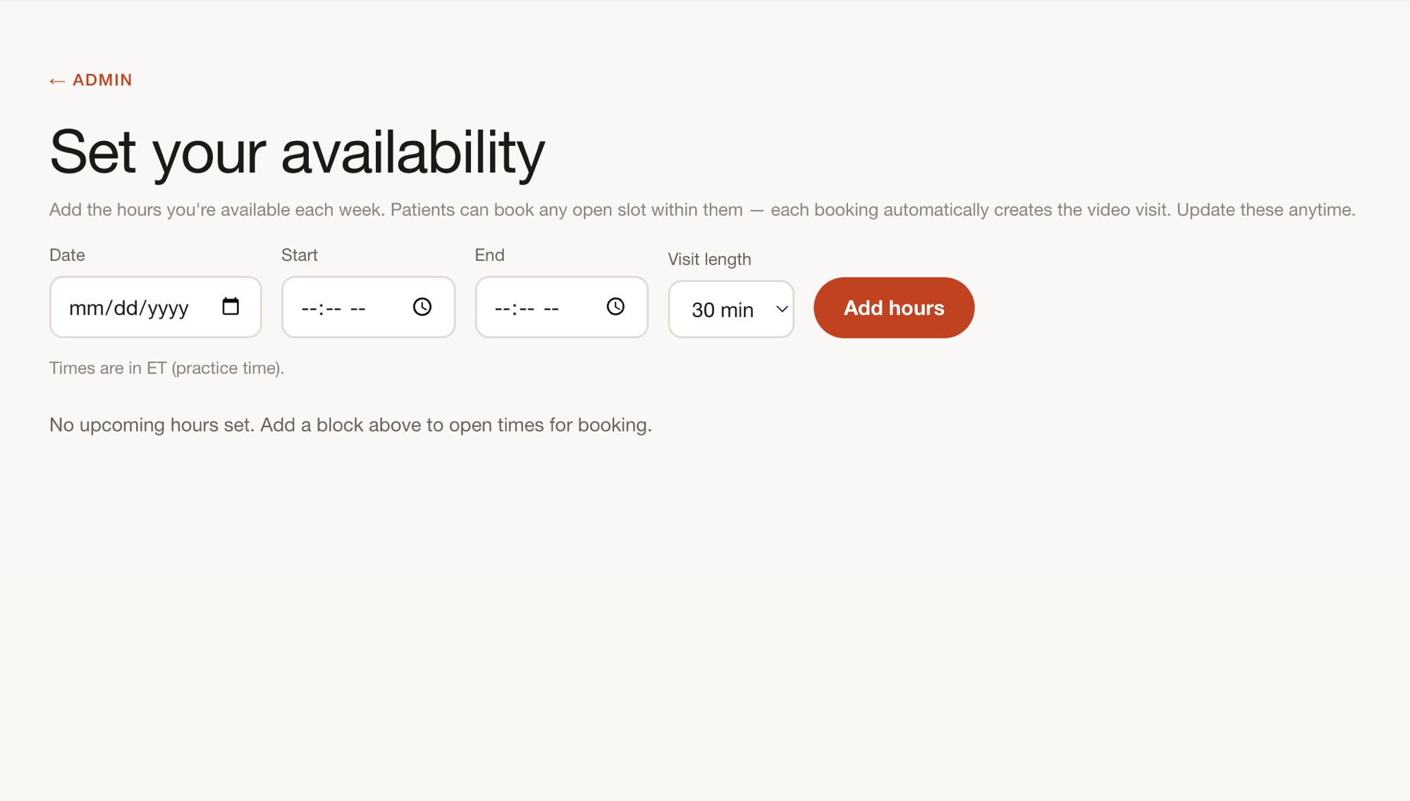 Set my hours — the clinician's weekly availability screen