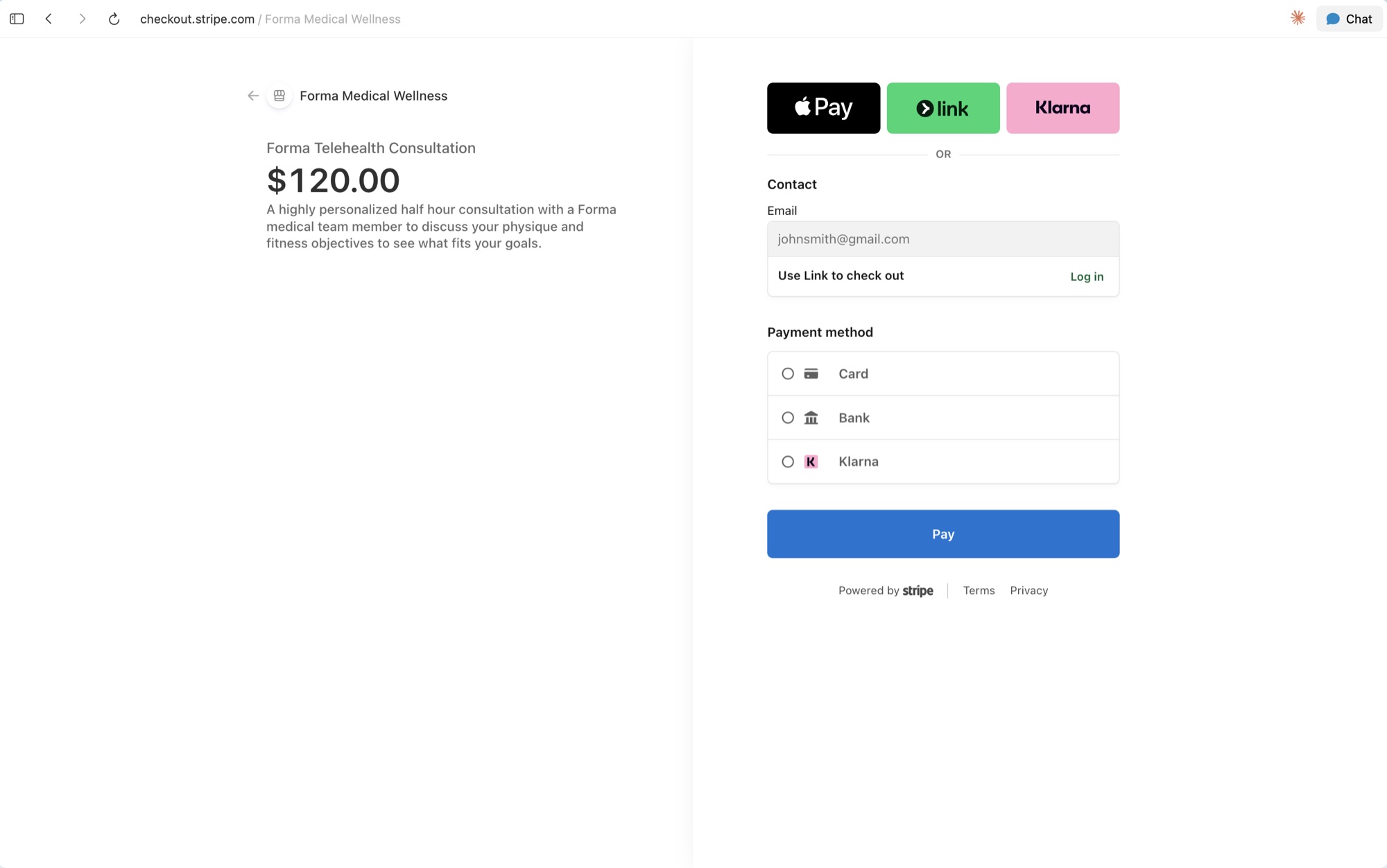 The consultation checkout — $120, Stripe live mode