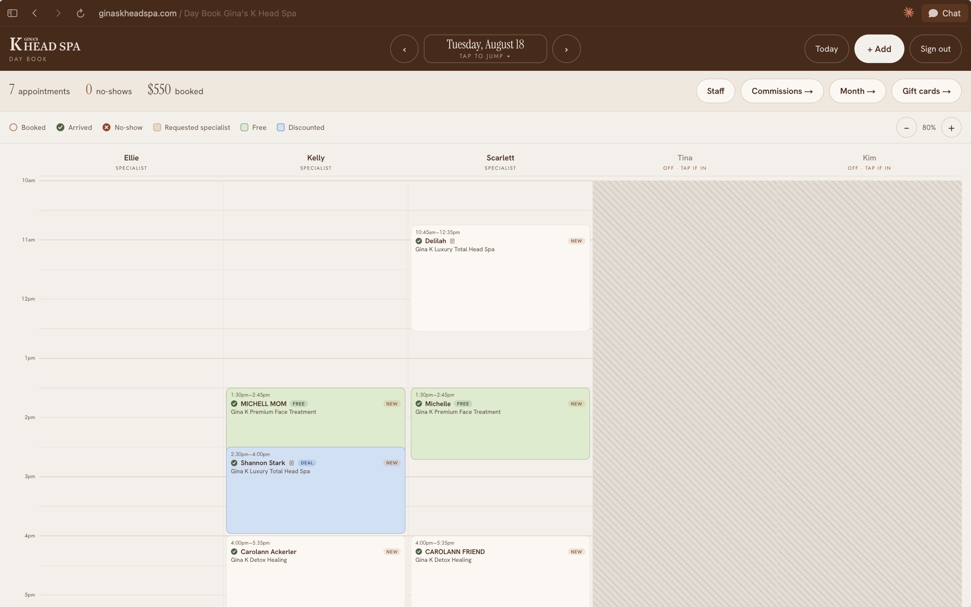The day book — sage FREE and blue DEAL cards on the day's schedule