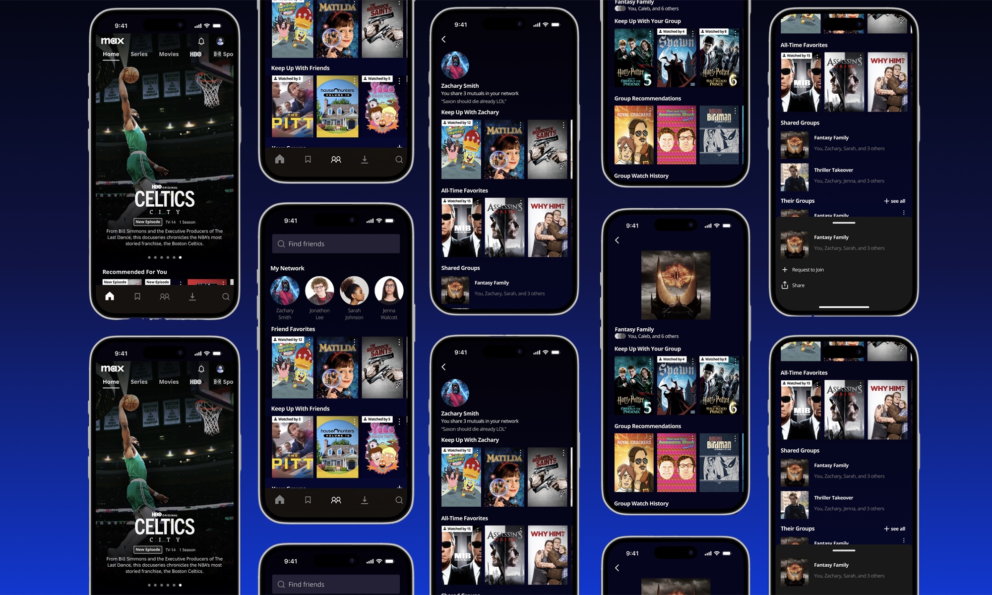 High-fidelity screens — friend profiles, groups, watch history