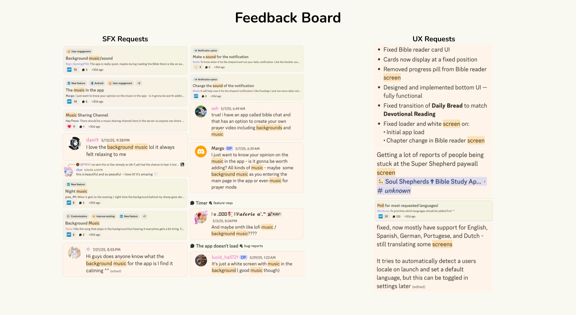 Feedback board — SFX and UX requests from the Discord community