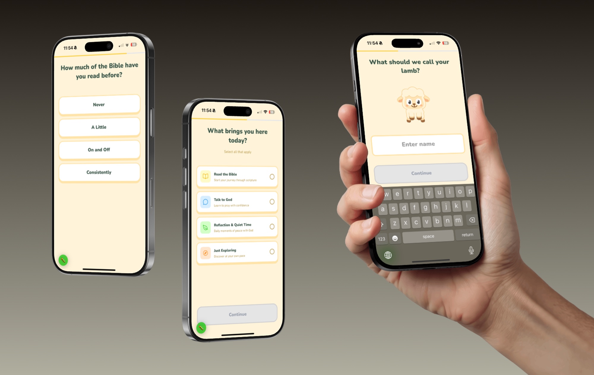 Onboarding screens — Bible familiarity, intent, naming your lamb